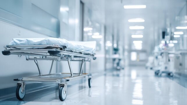 Hospital Gurney in Empty Modern Hallway - Healthcare Emergency Medical Services and Patient Transportation