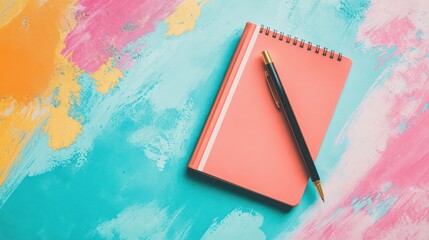 Coral notebook and pen atop expressive colorful pastel painted canvas