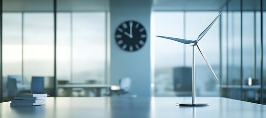 Wind turbine model on a table in a modern office, symbolizing green energy and sustainability initiative