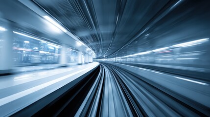 Abstract Motion Blur of Train Tracks Inside Tunnel, Modern Urban Commute, Public Transportation