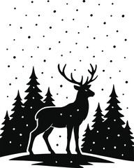 Minimal vector silhouette scene, stag under falling snow dots with conifer silhouettes behind, solid black
