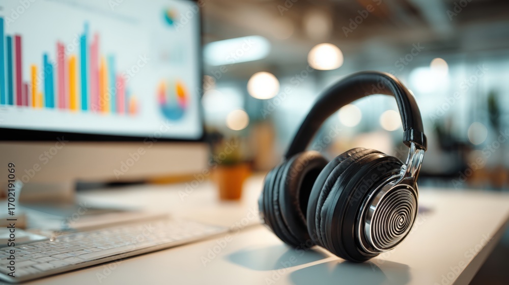 Poster wireless headphones on desk with business graph display: focus on relaxing productivity in office