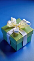 Delicate turquoise gift box adorned with a soft white ribbon bow in elegant curved shape
