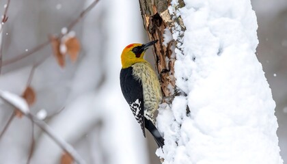 Fototapeta premium A vibrant yellow-crowned woodpecker clings to a snowy tree trunk, showcasing its striking black and yellow plumage.