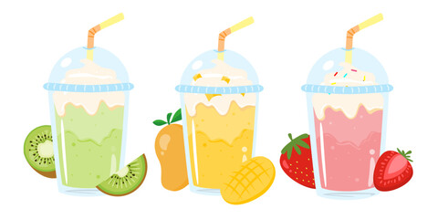 Milkshake with various fruit set. Fresh and healthy beverage. Can be used for wallpaper and menu element