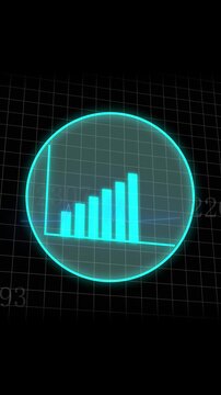 Cyberpunk style hud ui digital charts growth decline abstract motion graphics vertical video. Animated neon bar graph business finance technology data trends motion graphics vertical video.