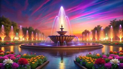 A stunning display of colorful lights and flowers in a beautiful public fountain during sunset hours