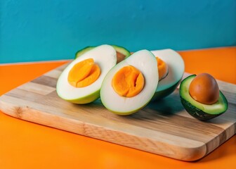 Sliced boiled eggs and sliced avocado on a rustic wooden planked surface in a modern kitchen setting