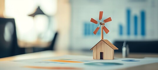 Closeup of a miniature house with a wind turbine on a financial report, symbolizing sustainable investment