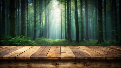 Woodland ambiance with empty wooden table on dark background