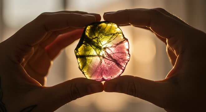 Hands cradle a translucent multicolored tourmaline stone backlit Setting is blurred warm light