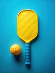 Yellow Pickleball Racket and Ball on Blue Background
