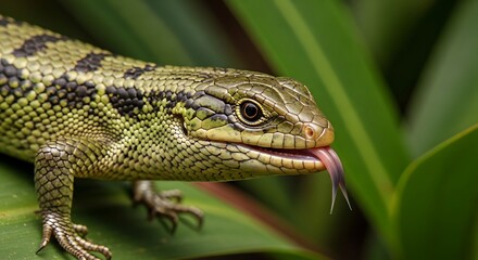 Close-up of a lizard with its tongue out.