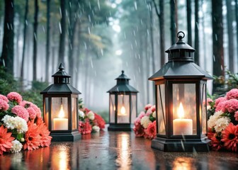 Lanterns in the forest glow softly