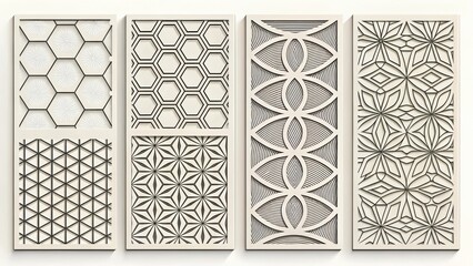 Four panels displaying intricate geometric patterns and tessellations for design concepts isolated on white background