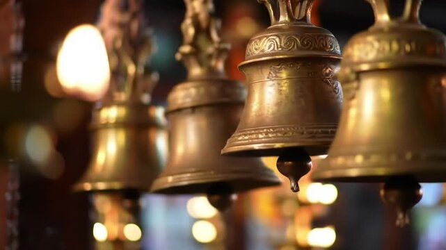 A close-up of several ornate brass bells hanging in a row, likely in a temple or religious setting, with blurred lights in the background.