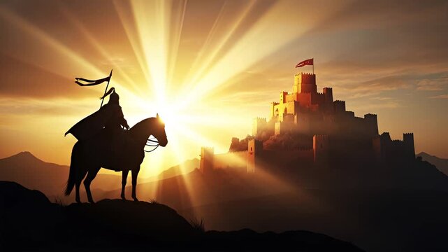 Majestic Knight on Horseback Approaches Epic Castle at Sunrise Silhouette