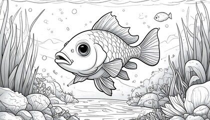 Detailed black and white illustration of a fish swimming in its natural habitat