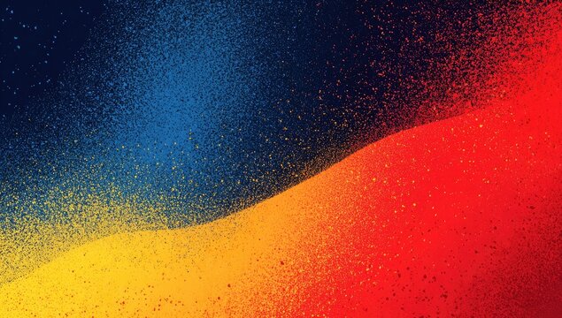 Abstract wave of vibrant red, yellow, and blue particles on a dark background