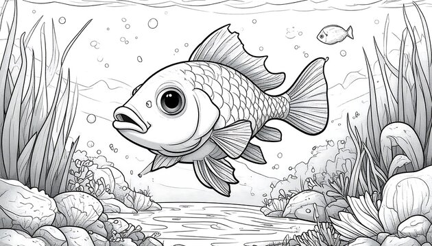 Detailed black and white illustration of a fish swimming in its natural habitat