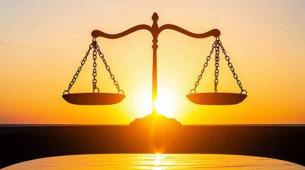 Balanced scale silhouette against vibrant sunset symbolizes justice and fairness, evoking sense of peace and resolution