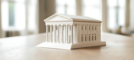 Architectural model of a classical building on a wooden table in a bright room with natural light