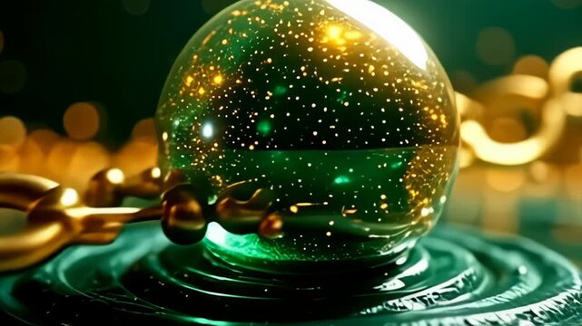 represent captivate aside the graceful choreography of adenine atom orb indium spheric snuggle concatenation motion, besiege aside twisting wisp of gold energy, mull recondite emerald hues,