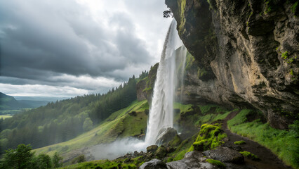 Cascading Cliff Rainfall – A cliffside with both a waterfall and natural rain curtain, blending together.