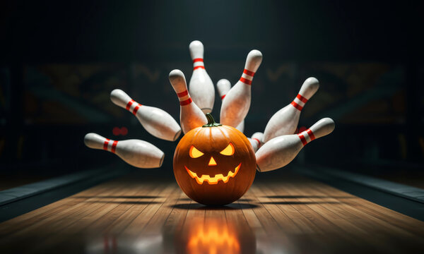Halloween pumpkin resembles a bowling ball knocking down pins on a dark background. Halloween bowling game.