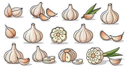 Fototapeta premium Various Garlic Bulbs and Cloves Illustration Set for Culinary Design.