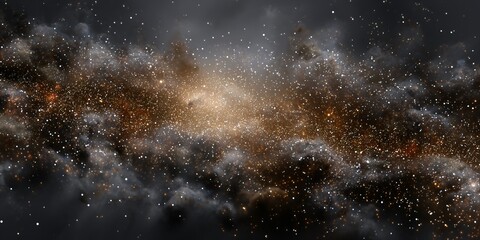 A view of a dark, dusty galaxy, with a few small, glowing star clusters breaking through the darkness
