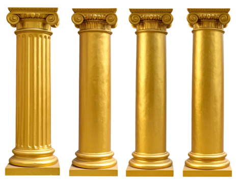 Four Golden Classic Columns Isolated Against Transparent Background Displaying Ornate Capitals and Textured Surfaces Representing Architectural Elements