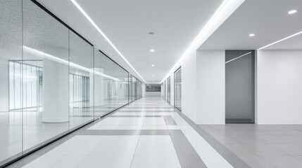 Modern Office Hallway with Glass Walls and Bright Lighting, Clean Interior Design, and Contemporary Architecture