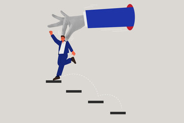 Trendy halftone collage. Big hand help businessman jump on stair to success. Business leaders assistance to the business success. Stair step to success concept. Vector Illustration