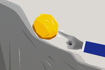 Trendy halftone collage. Hand of businessman pushing huge stone up the hill. Business problem crisis hardship and burden concept. Vector Illustration