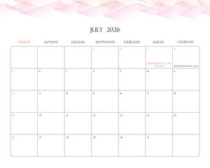 Minimalist 2026 Desk Calendar Printable – July
