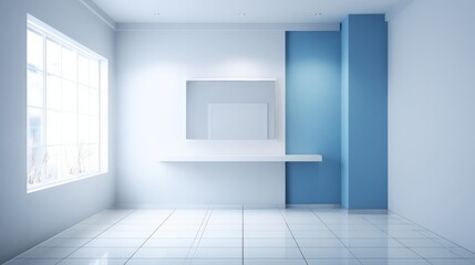 Modern Minimalist Interior with Blue Accent Wall and Ample Natural Light From Large Window