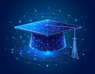 Digital graduation cap with interconnected network, symbolizing knowledge advancement