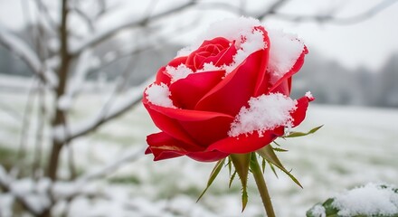 Red Rose Covered in Snow Winter Scene.