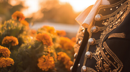 An embroidered charro jacket with silver buttons, bathed in golden sunset light, with marigold flowers softly blurred in the background.