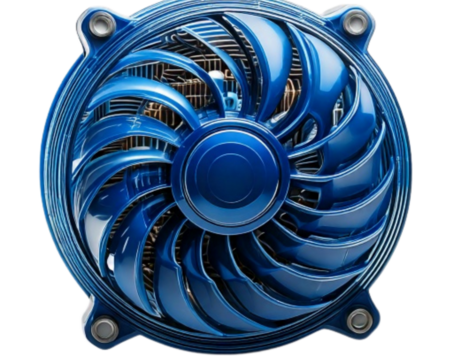 Blue Water Cooling Radiator Fan with Curved Blades, Isolated PNG