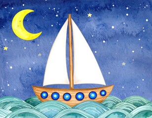 Watercolor sailboat at night