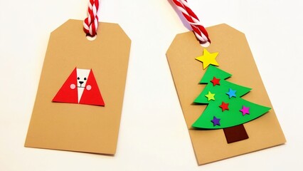 A brown paper tag with a red and white striped string attached to it.