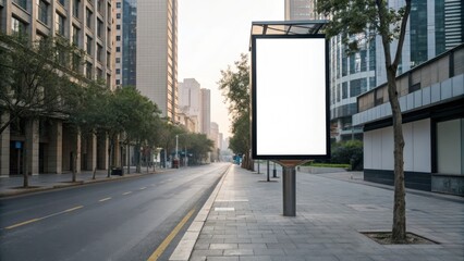 Commercial high-resolution photo of city street hoarding with empty commercial signboard, front view, direct camera front view, no person in street.