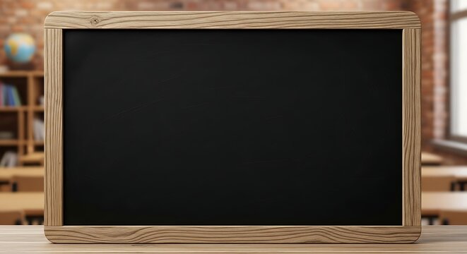 Empty Blackboard in Classroom Setting with Wooden Frame.