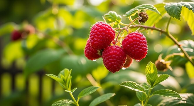Closeup of ripe red raspberries on the bush.