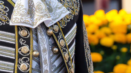 An embroidered charro jacket with silver buttons, bathed in golden sunset light, with marigold flowers softly blurred in the background.