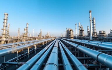 An expansive industrial refinery stretches under a clear blue sky, filled with intricate pipelines. High quality