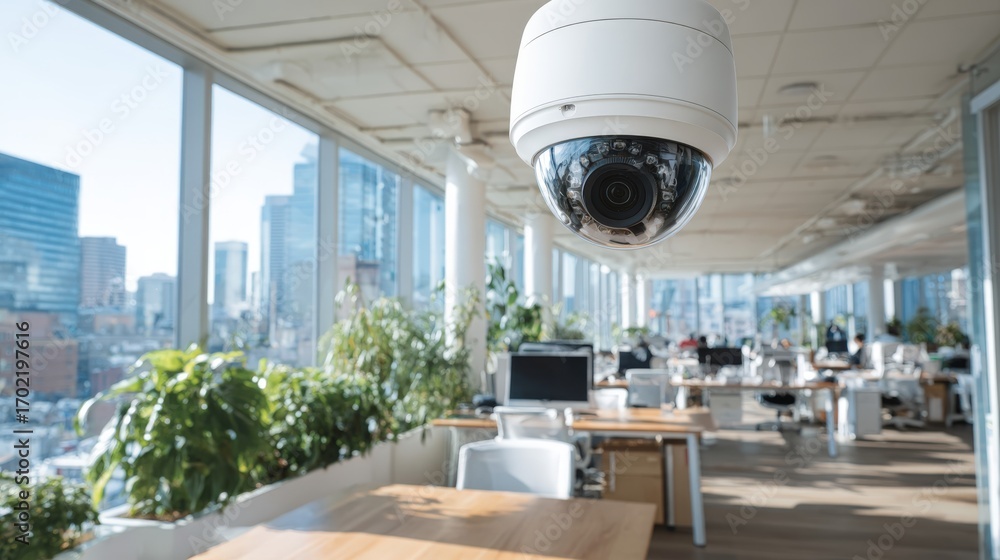 Poster security camera system monitoring modern office for surveillance and safety with cityscape view thro