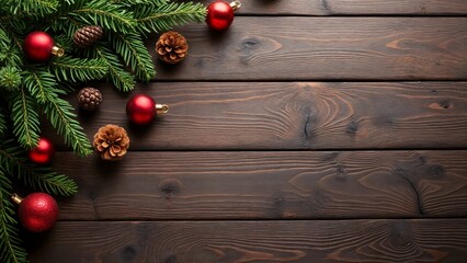 A dark wood background with red and gold ornaments and pine cones.